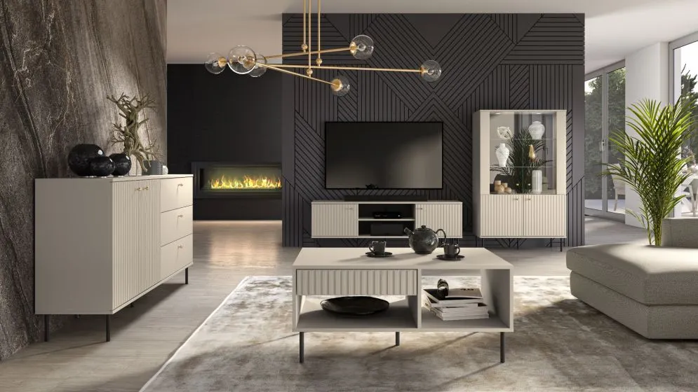 Szafka RTV ELLEN 160 kaszmir w stylu glamour I sklep meblowy MIRAT. styl GLAMOUR, RYFLOWANY kolekcja ELLEN