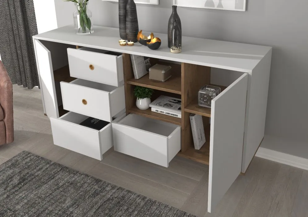 Komoda HARMONI biała z szufladami do salonu | MIRAT. styl GLAMOUR kolekcja HARMONI