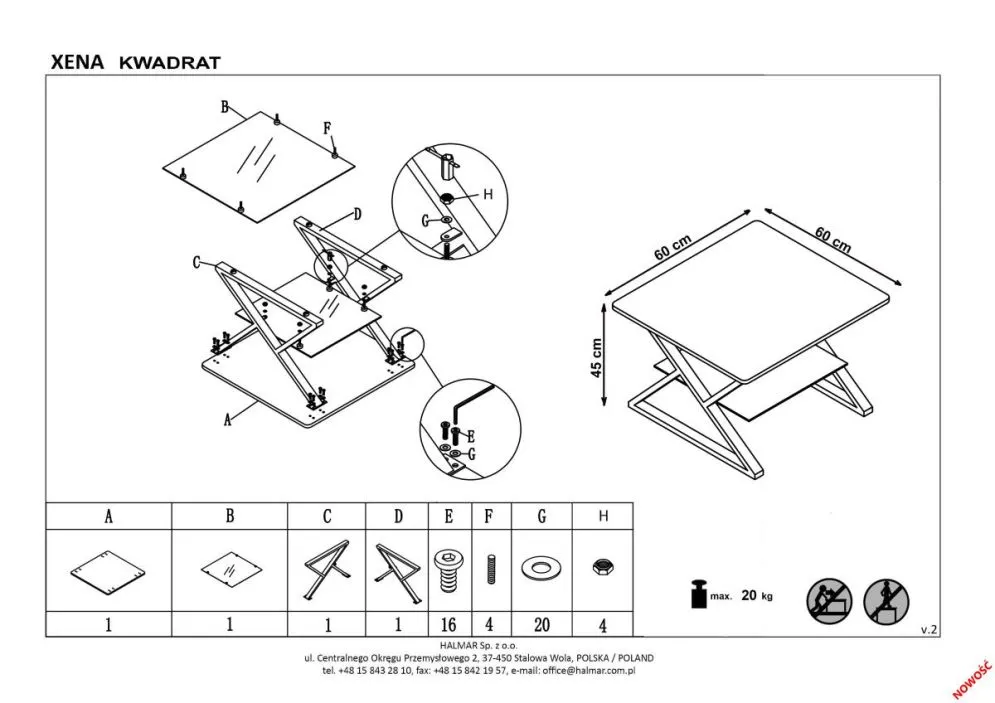 Ława XENA KWADRAT 60x60 ze szklaną półką do salonu w stylu loft | MIRAT. w stylu LOFT kolekcja