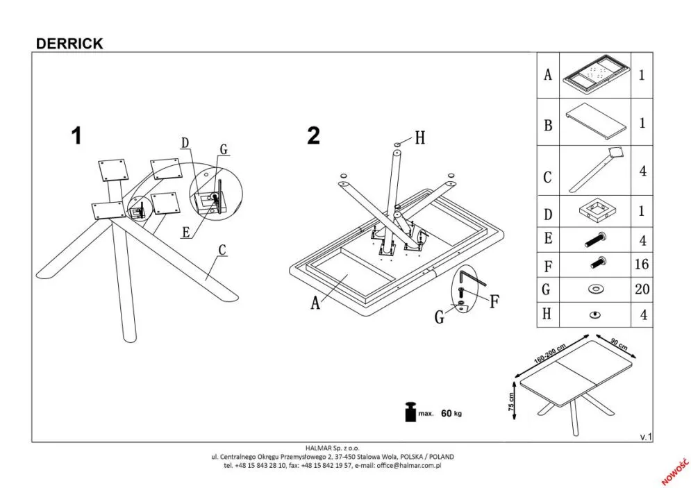 Stół DERRICK 160(200)x90 dąb/czarny rozkładany w stylu loft | MIRAT. styl LOFT