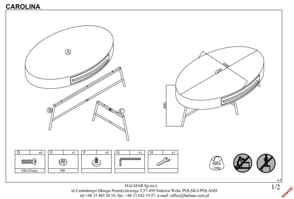 Stolik kawowy CAROLINA 120x60 dąb/czarna do salonu w stylu industrialnym | MIRAT. styl LOFT