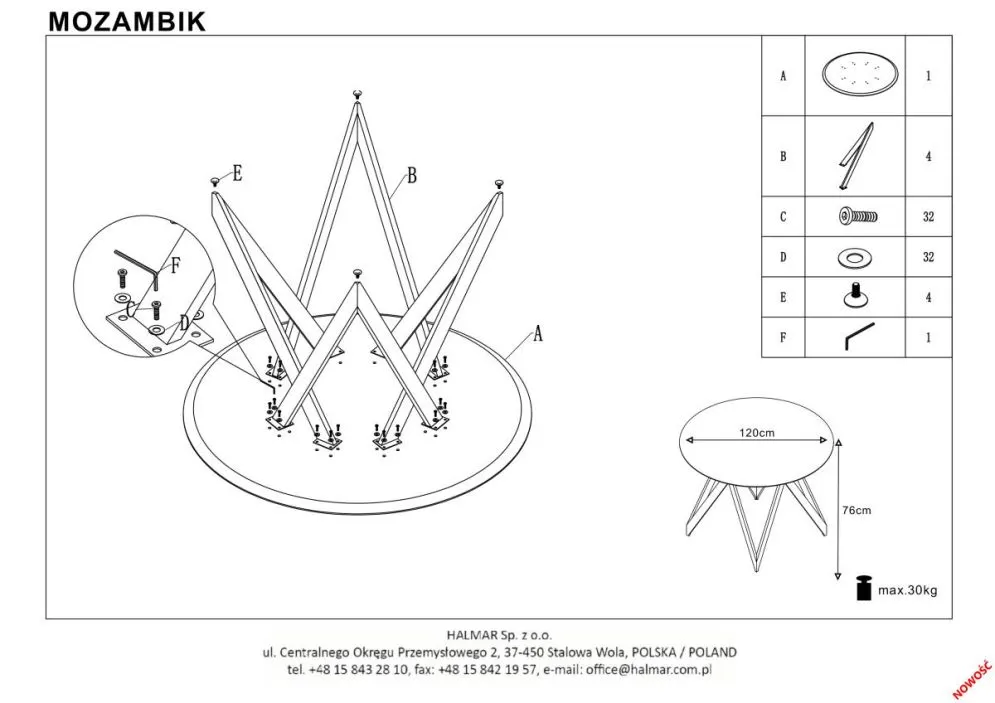 Stół MOZAMBIK 120x120 dąb/czarny okrągły do salonu | MIRAT. styl LOFT