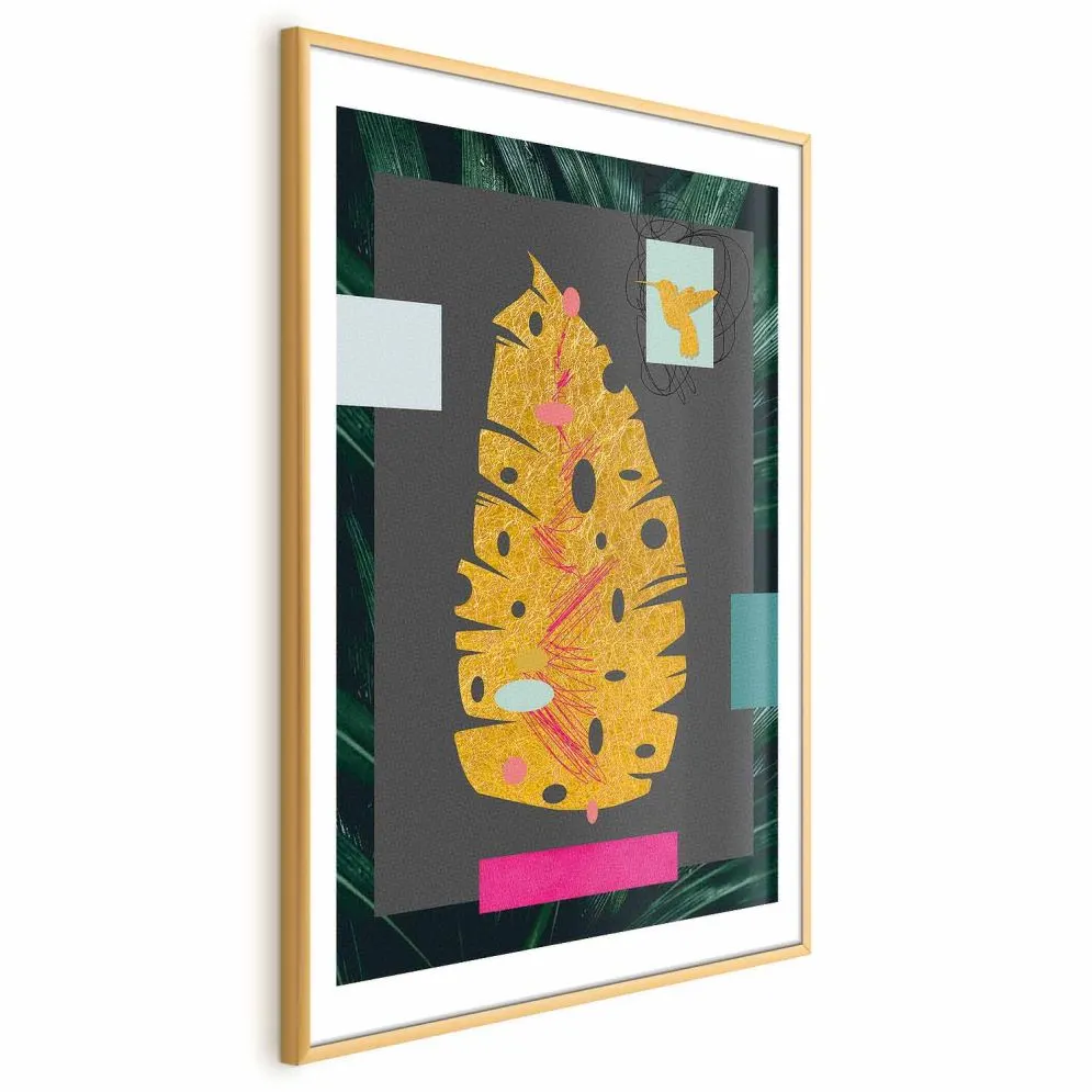 Plakat złotą liść 40x60 cm z ramą złotą z marginesem | MIRAT.