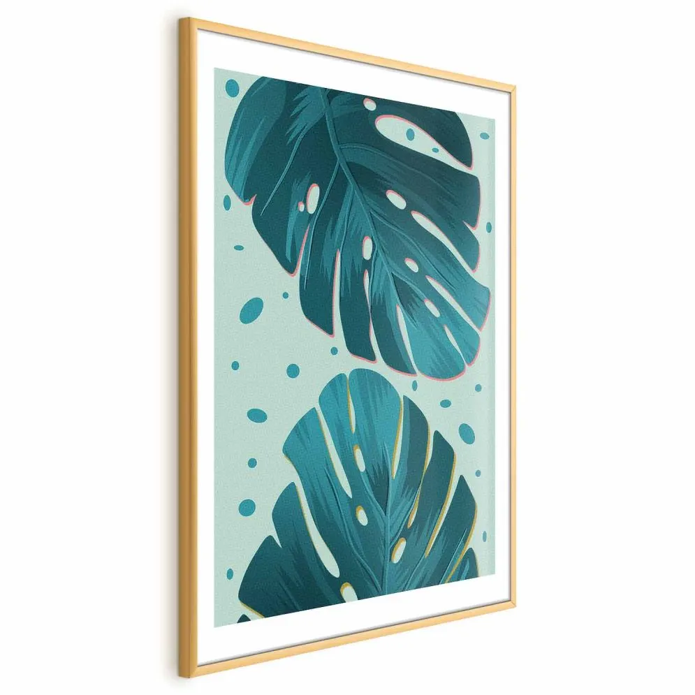 Plakat Zroszone liście 60x90 cm z ramą złotą z marginesem | MIRAT.