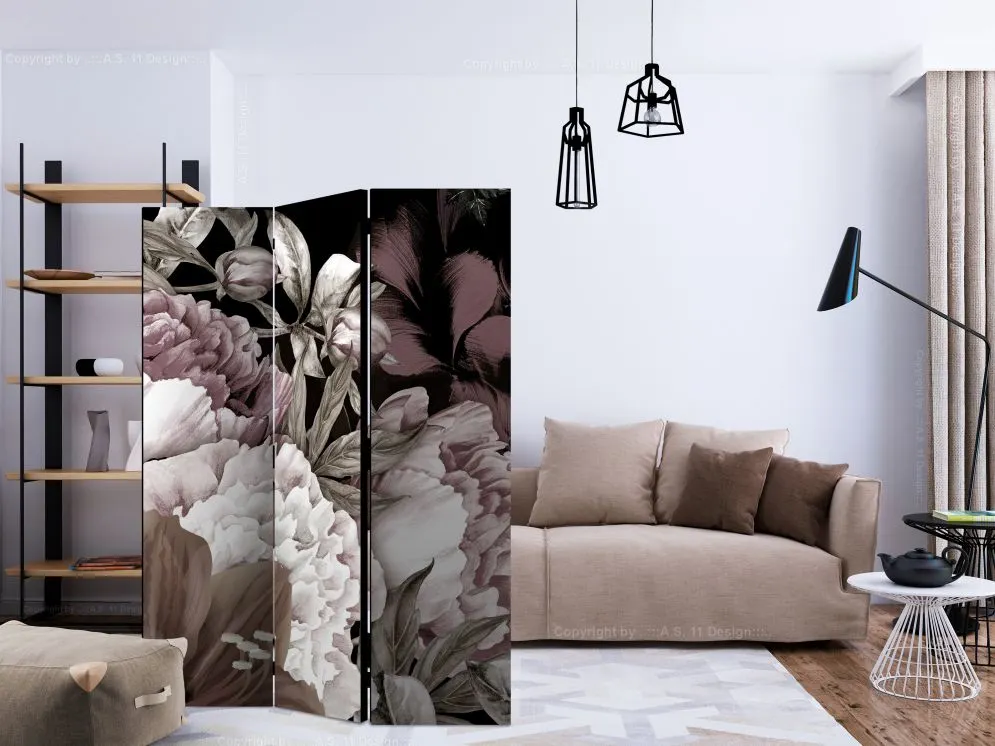 Parawan dwustronny Kwiaty 135x172 cm 3-częściowy czarny | MIRAT.