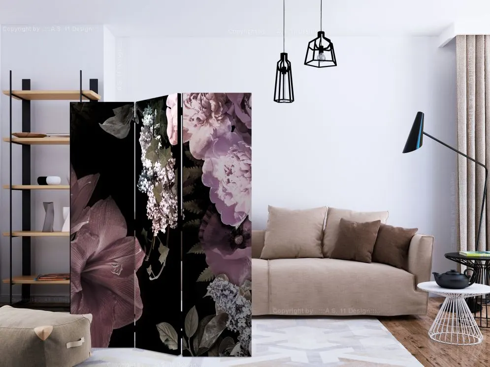 Parawan akustyczny Kwiaty 135x172 cm 3-częściowy czarny | MIRAT.