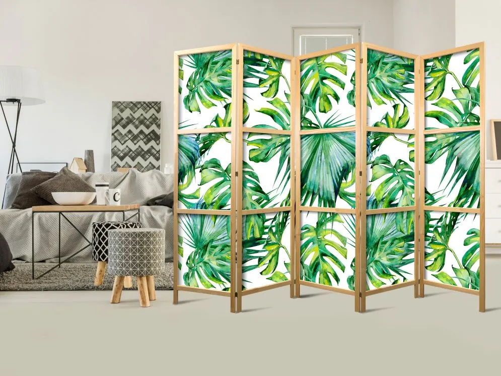 Parawan japoński Liście 225x172 cm 3-częściowy zielony | MIRAT.