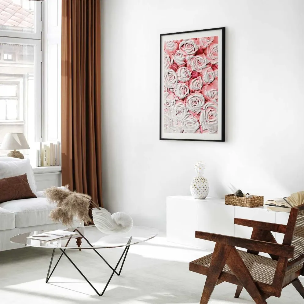 Plakat Białe róże 21x30 cm z ramą czarną z marginesem | MIRAT.