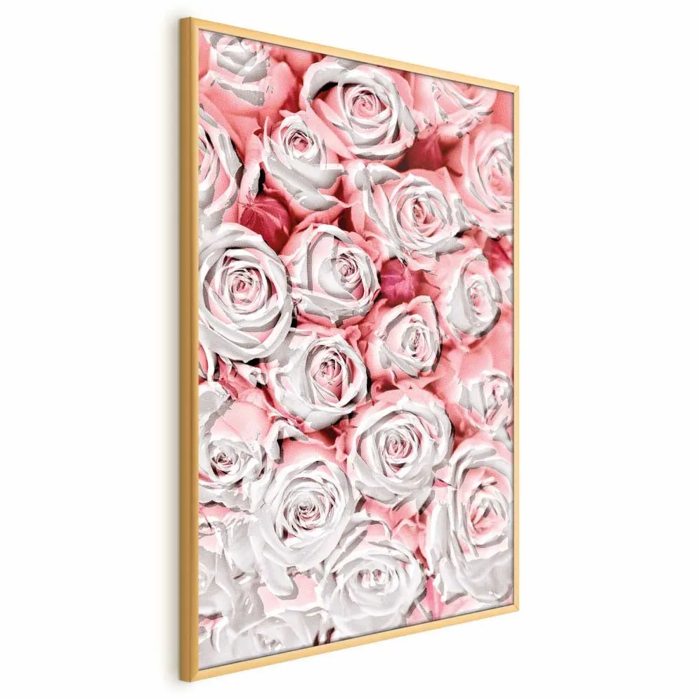 Plakat Białe róże 21x30 cm z ramą złotą bez marginesu | MIRAT.