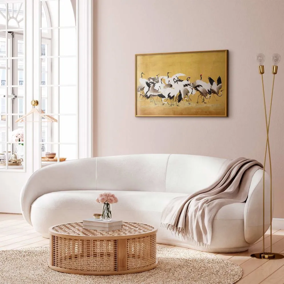 Plakat Japońskie żurawie 90x60 cm z ramą złotą bez marginesu | MIRAT.