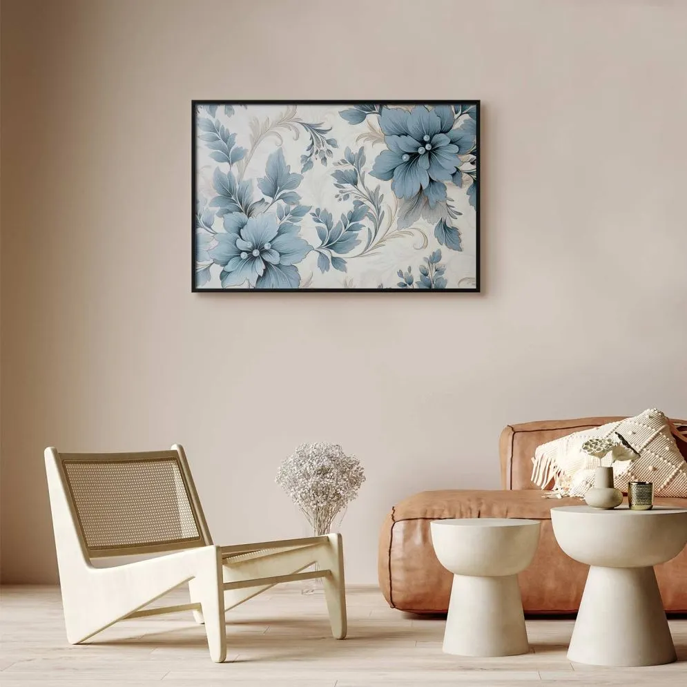 Plakat Turkusowe retro kwiaty 90x60 cm z ramą czarną bez marginesu | MIRAT.