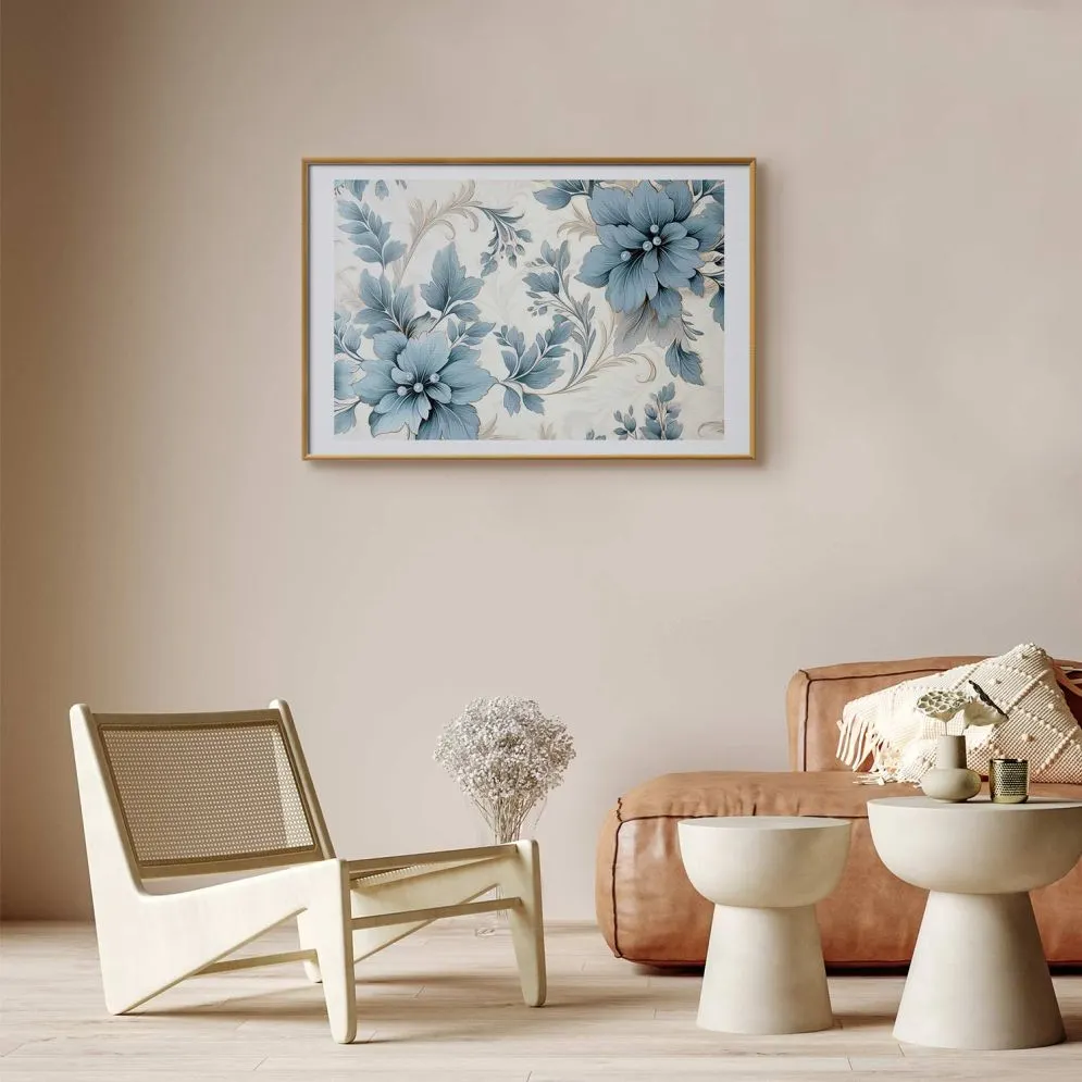 Plakat Turkusowe retro kwiaty 90x60 cm z ramą złotą z marginesem | MIRAT.