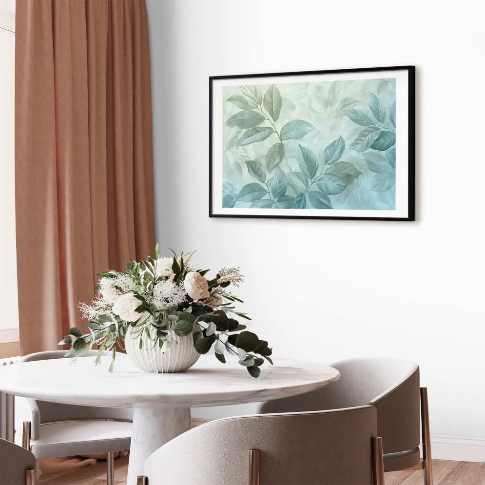 Plakat Miętowe liście 30x21 cm z ramą czarną z marginesem | MIRAT.