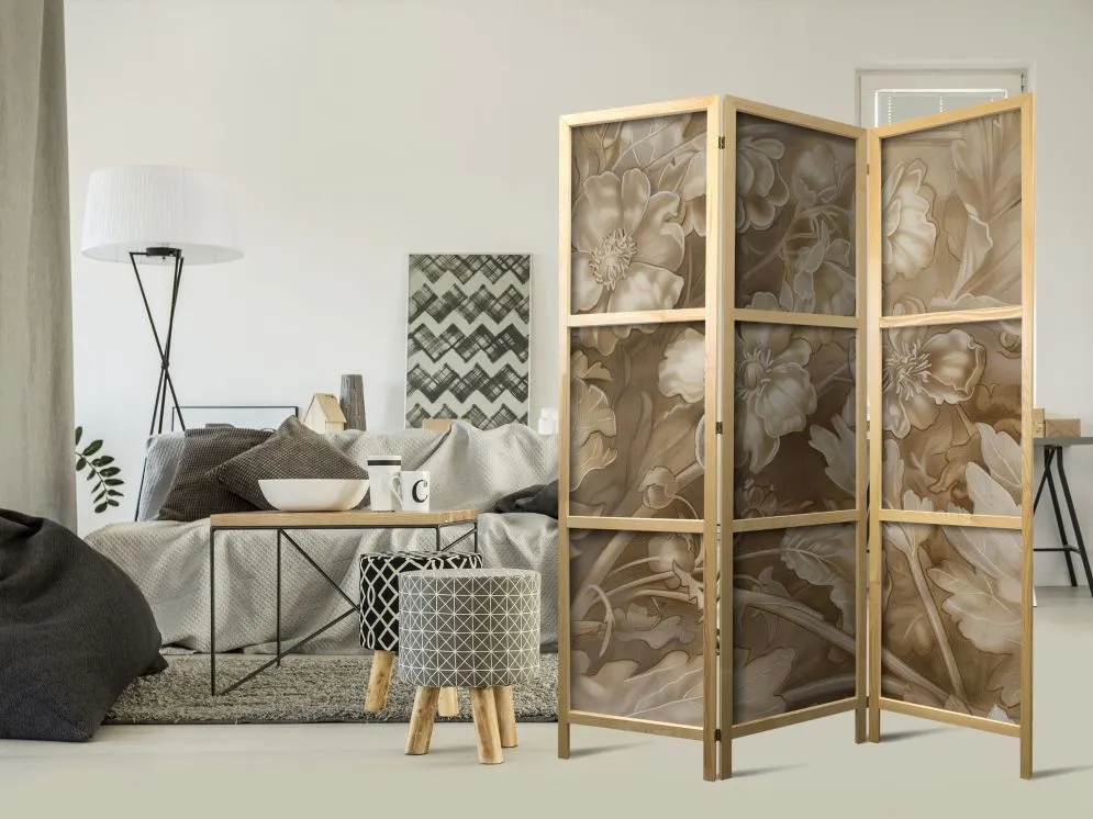 Parawan japoński Kwiaty 135x172 cm 3-częściowy beżowy | MIRAT.