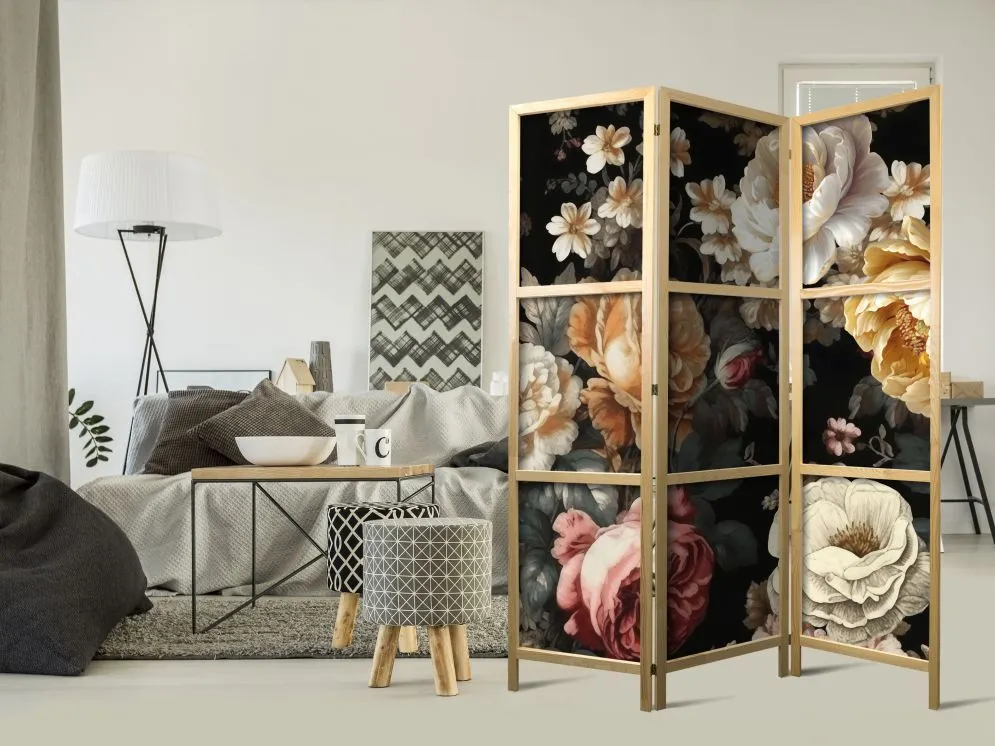 Parawan japoński Kwiaty 135x172 cm 3-częściowy czarny | MIRAT.