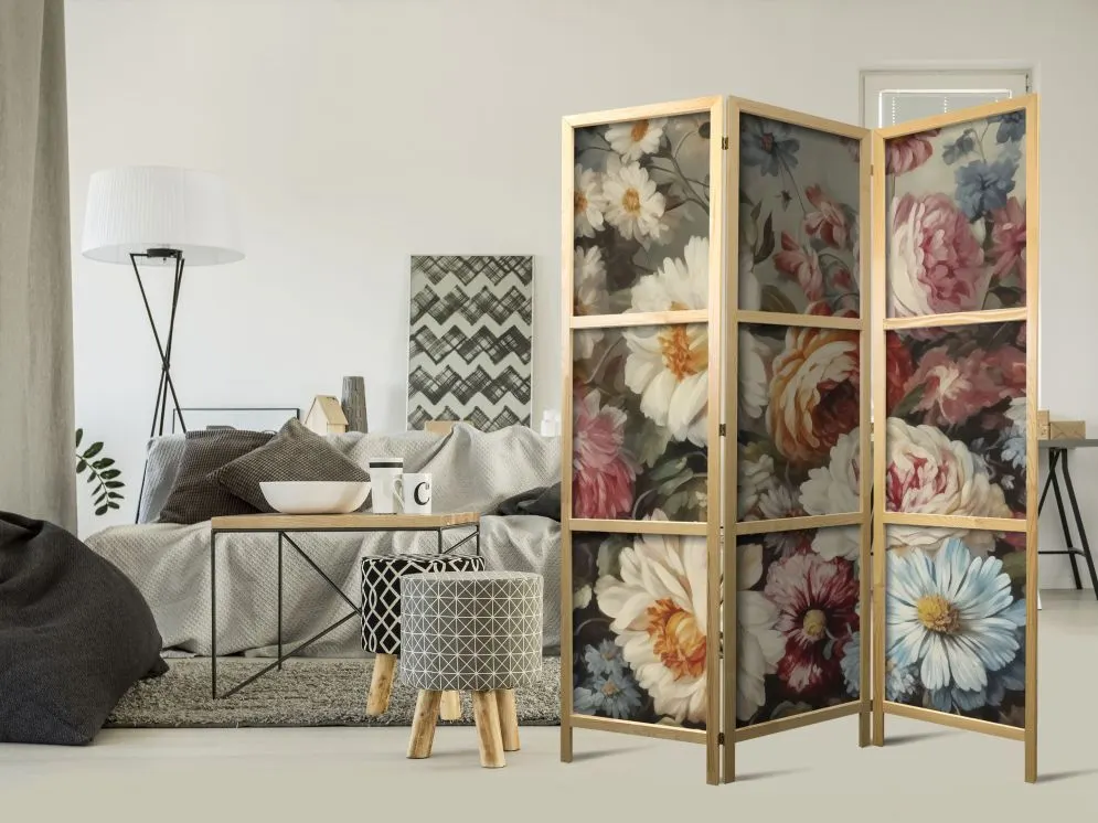 Parawan japoński Kwiaty 135x172 cm 3-częściowy beżowy | MIRAT.