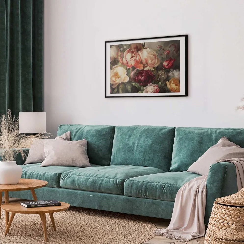 Plakat Piwonie 60x40 cm z ramą czarną z marginesem | MIRAT.