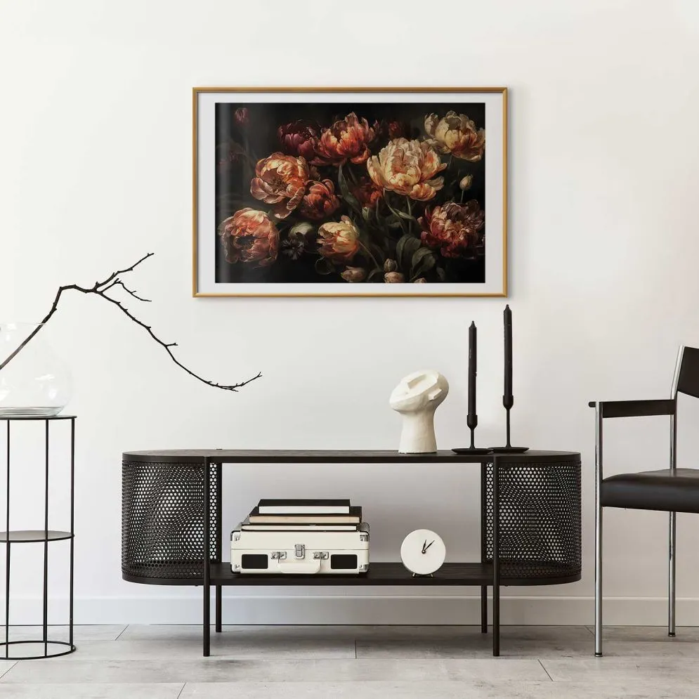 Plakat Kwitnące tulipany 30x21 cm z ramą złotą z marginesem | MIRAT.