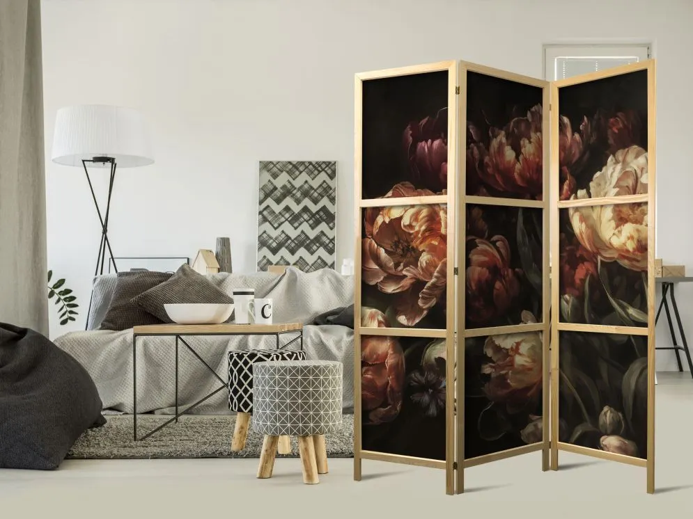 Parawan japoński Kwiaty 135x172 cm 3-częściowy brązowy | MIRAT.