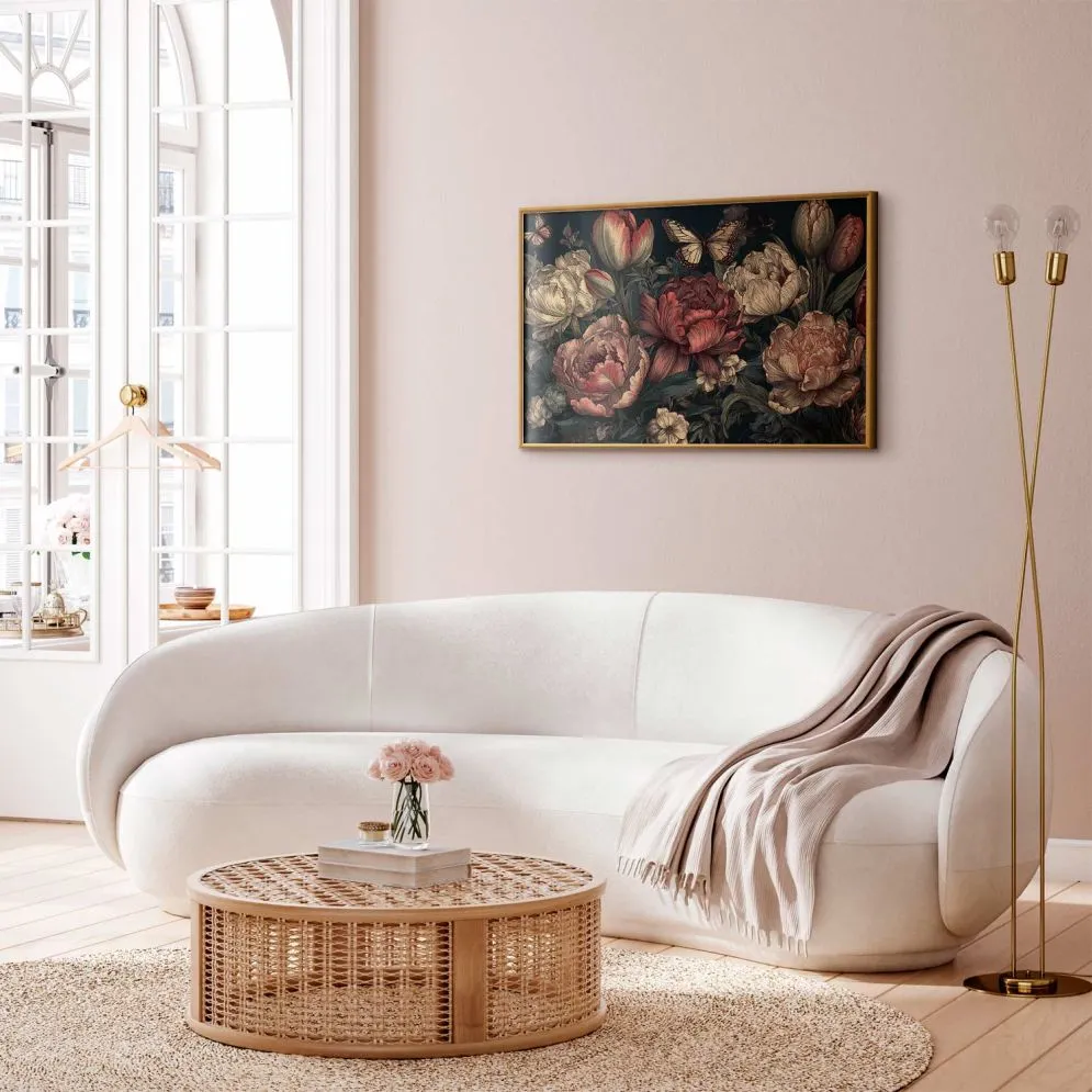 Plakat Kwiaty na turkusowym tle 90x60 cm z ramą złotą bez marginesu | MIRAT.