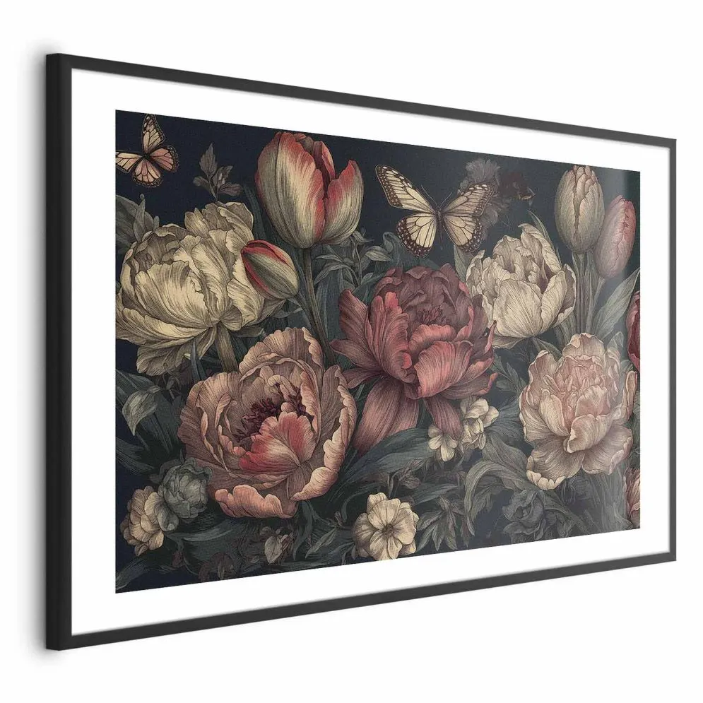 Plakat Kwiaty na turkusowym tle 30x21 cm z ramą czarną z marginesem | MIRAT.