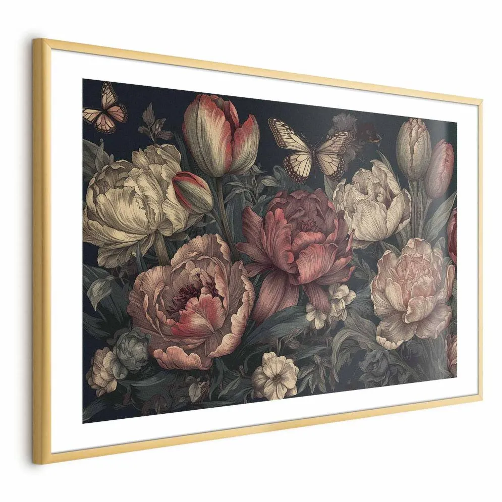 Plakat Kwiaty na turkusowym tle 90x60 cm z ramą złotą z marginesem | MIRAT.