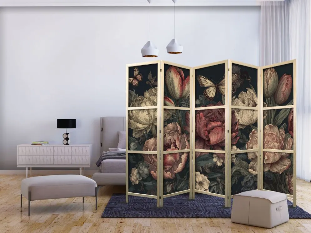 Parawan japoński Kwiaty 225x172 cm 3-częściowy brązowy | MIRAT.