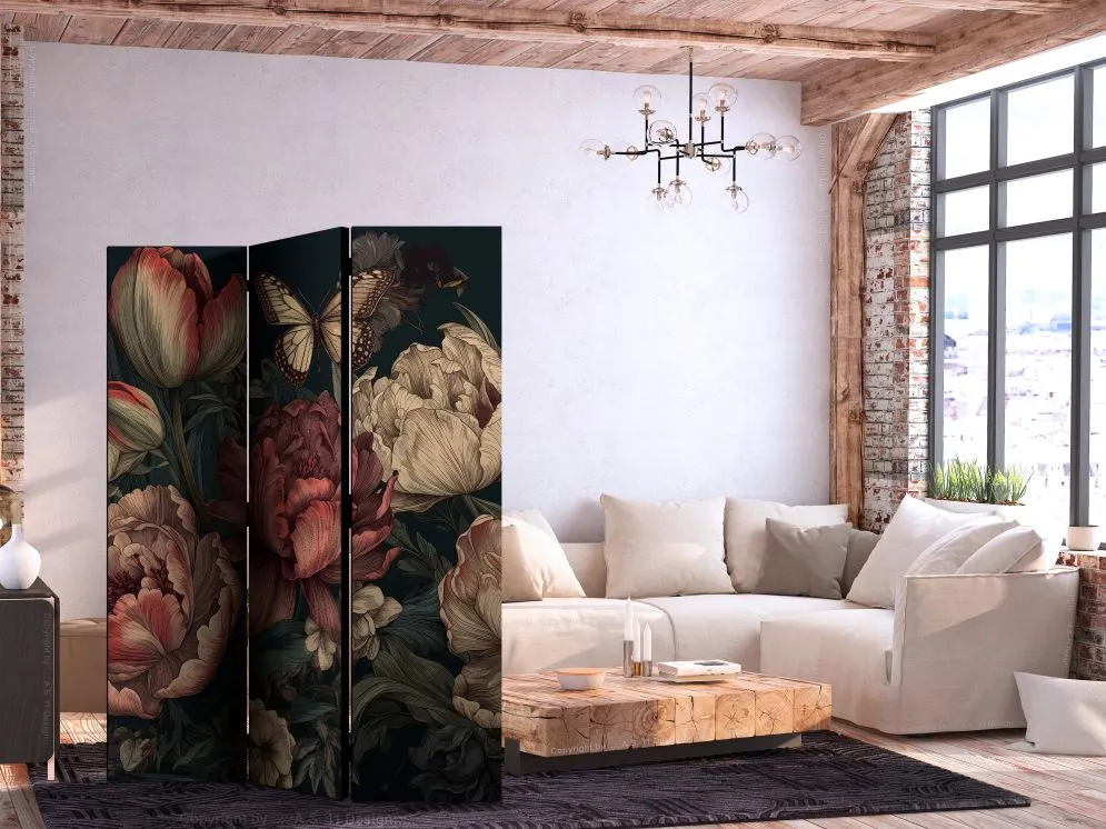 Parawan dwustronny Kwiaty 135x172 cm 3-częściowy brązowy | MIRAT.