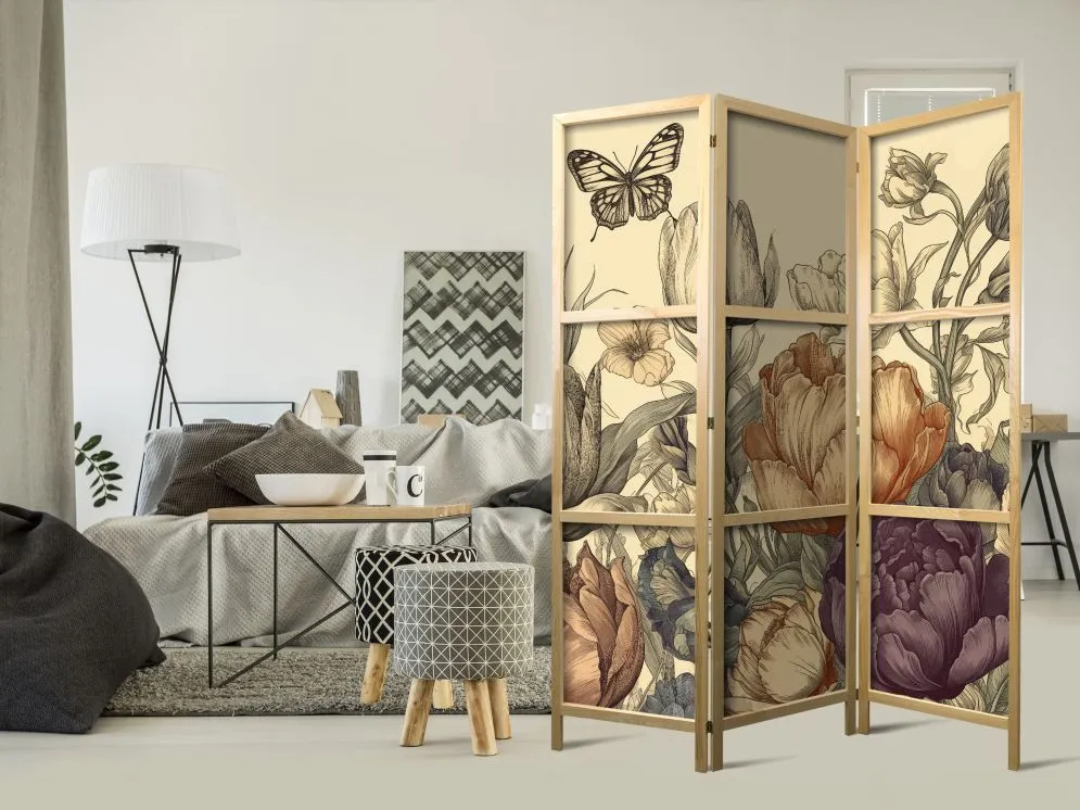 Parawan japoński Kwiaty 135x172 cm 3-częściowy beżowy | MIRAT.