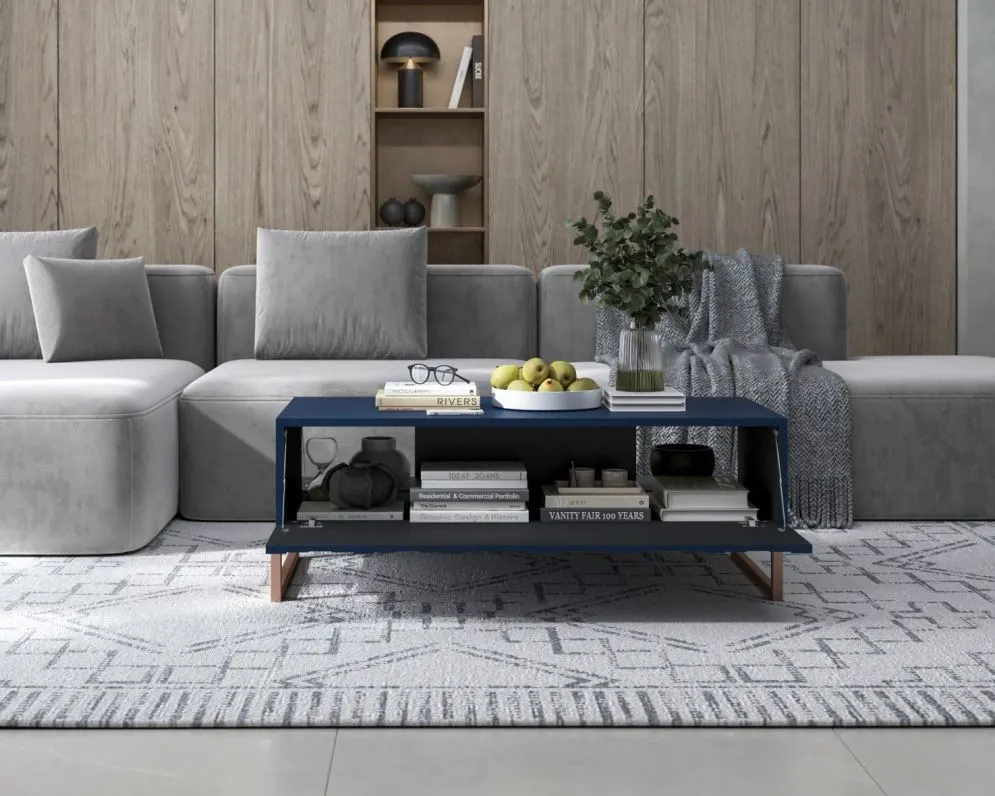 Stolik kawowy TAL 3D 110x54cm granatowy mat/gold ze schowkiem I sklep meblowy MIRAT. styl GLAMOUR, RYFLOWANY kolekcja TAL