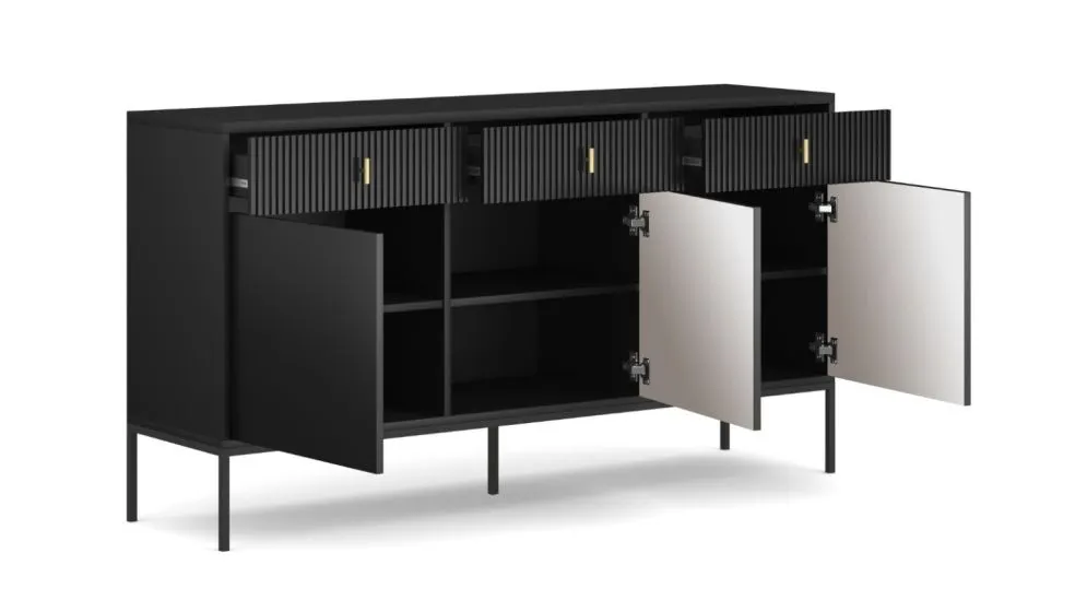 Komoda MAGGIORE 3D3S 154 czarna mat trzydrzwiowa I sklep meblowy MIRAT. styl GLAMOUR, RYFLOWANY kolekcja MAGGIORE