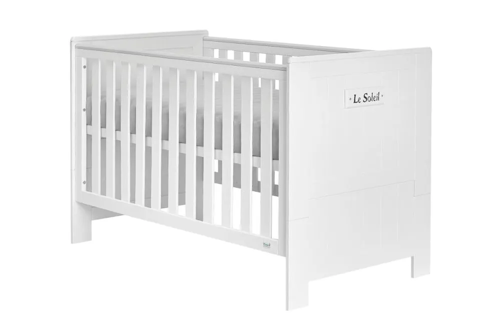 Białe transformowane łóżeczko niemowlęce ze zdejmowanymi szczebelkami polskie MARSYLIA
