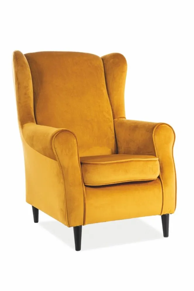 Tapicerowany curry fotel aksamitny z wysokim oparciem Baron Velvet