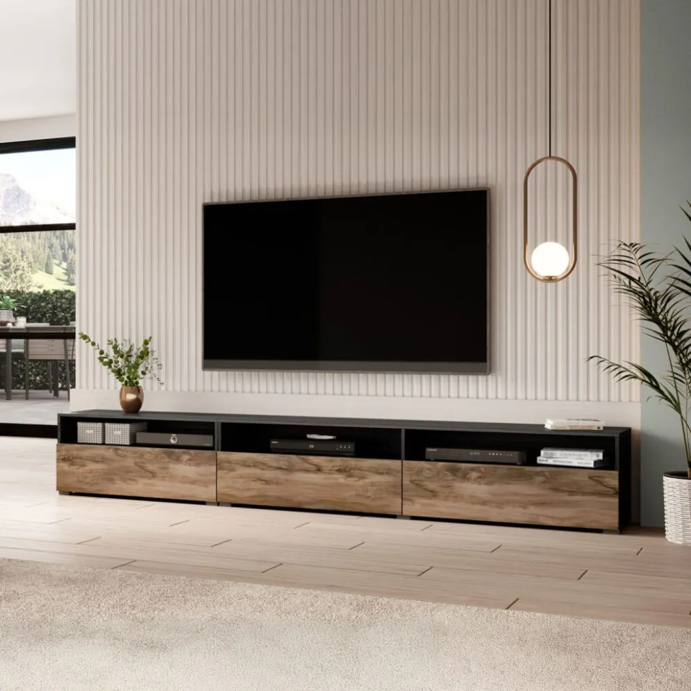 Trzydrzwiowa szafka RTV BAROS 270cm orzech/czarna stojąca/wisząca I sklep meblowy MIRAT. styl LOFT kolekcja BAROS