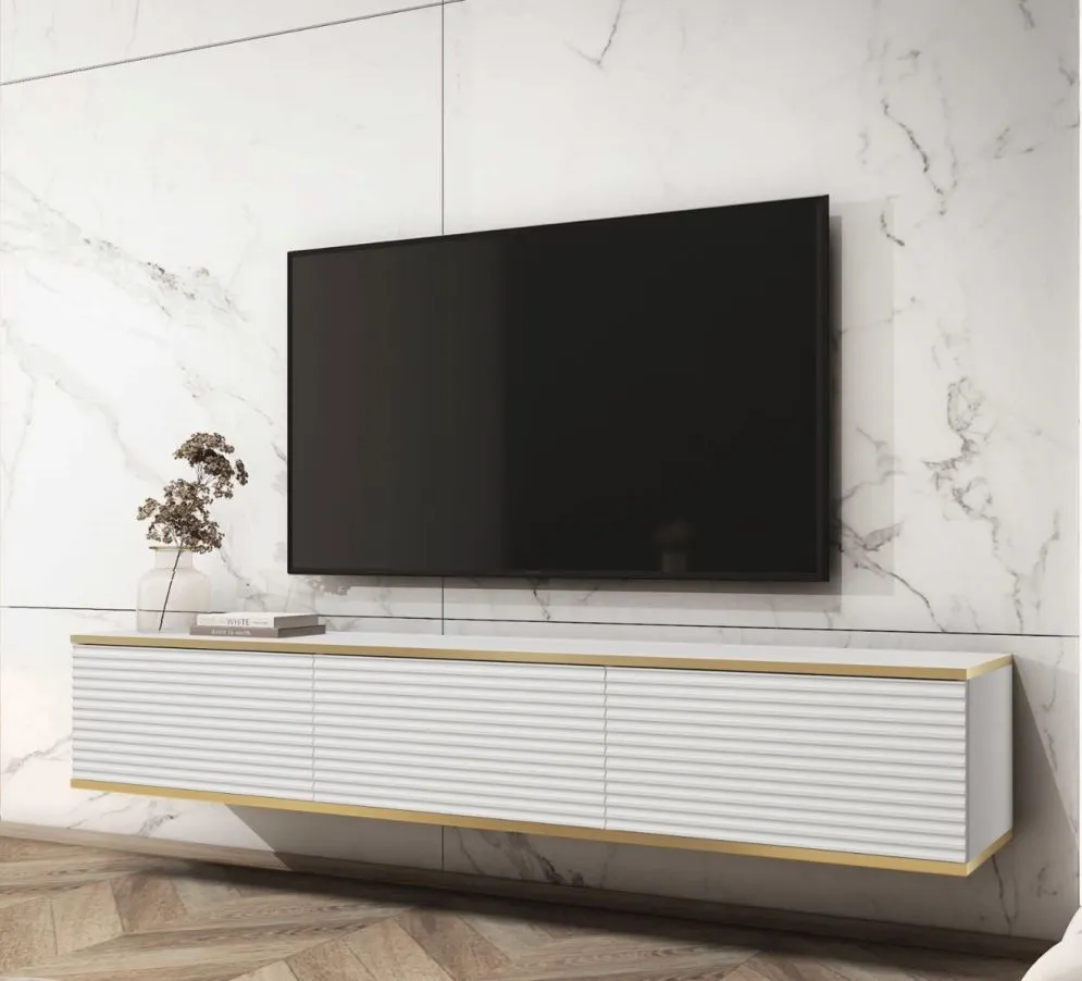 Szafka RTV KARL 3D 175cm wisząca/stojąca biały mat do salonu I sklep meblowy MIRAT. styl GLAMOUR, RYFLOWANY