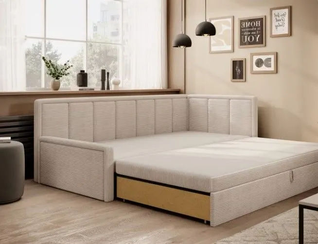 Młodzieżowa sofa rozkładana z funkcją spania FULGEO beżowa prawa I sklep meblowy MIRAT.