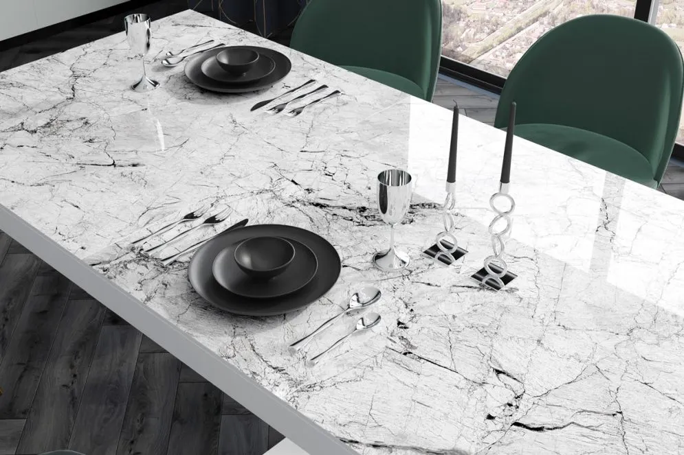 Stół rozkładany BELLA 160(256)x89 biały marmur połysk polskiej produkcji | MIRAT.