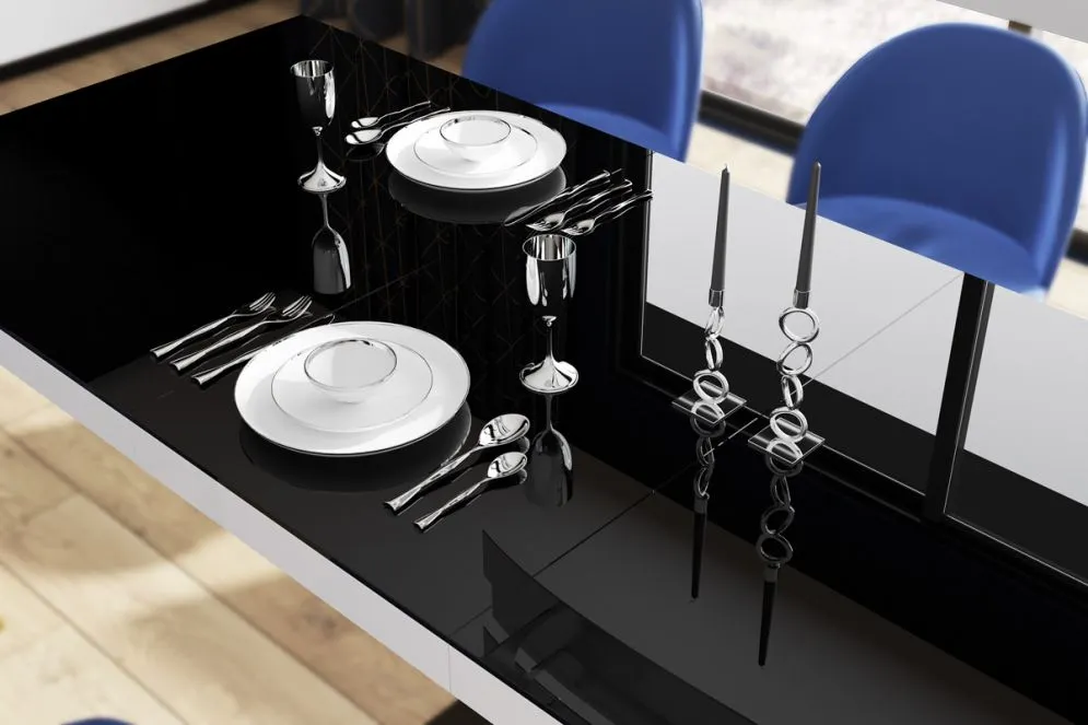 Stół BELLA czarny połysk/biały połysk rozkładany z prowadnicami synchronicznymi | MIRAT. w stylu kolekcja