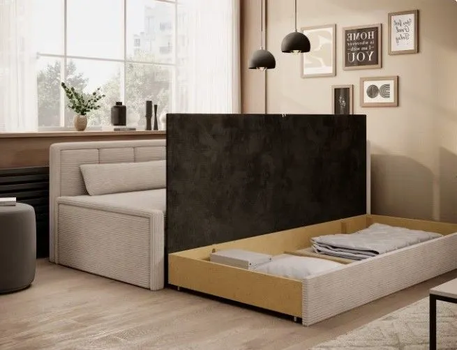 Młodzieżowa sofa rozkładana z funkcją spania FULGEO beżowa prawa I sklep meblowy MIRAT.