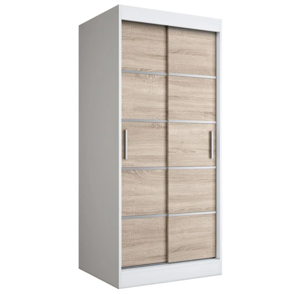 Szafa przesuwna MODUO COMFORT 90 biała mat/dąb sonoma z ozdobnymi listwami do sypialni | MIRAT. w stylu  kolekcja MODUO COMFORT