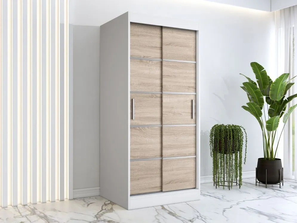 Szafa przesuwna MODUO COMFORT 90 biała mat/dąb sonoma z ozdobnymi listwami do sypialni | MIRAT. w stylu  kolekcja MODUO COMFORT