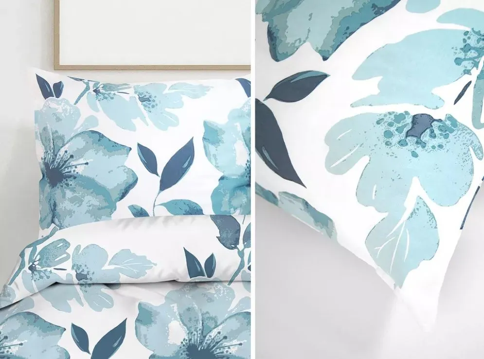 Pościel satynowa FLORIDO 160X200 biała/niebieska 100% bawełny I sklep meblowy MIRAT.