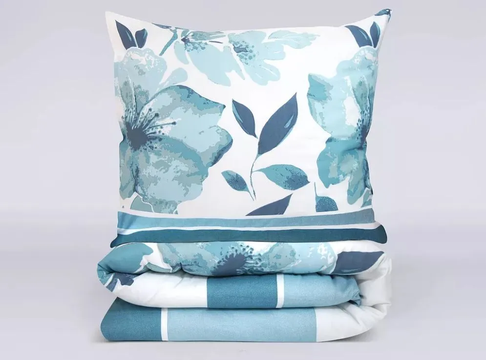 Pościel satynowa FLORIDO 160X200 biała/niebieska 100% bawełny I sklep meblowy MIRAT.