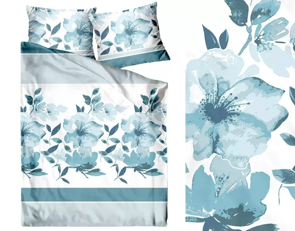 Pościel satynowa FLORIDO 160X200 biała/niebieska 100% bawełny I sklep meblowy MIRAT.
