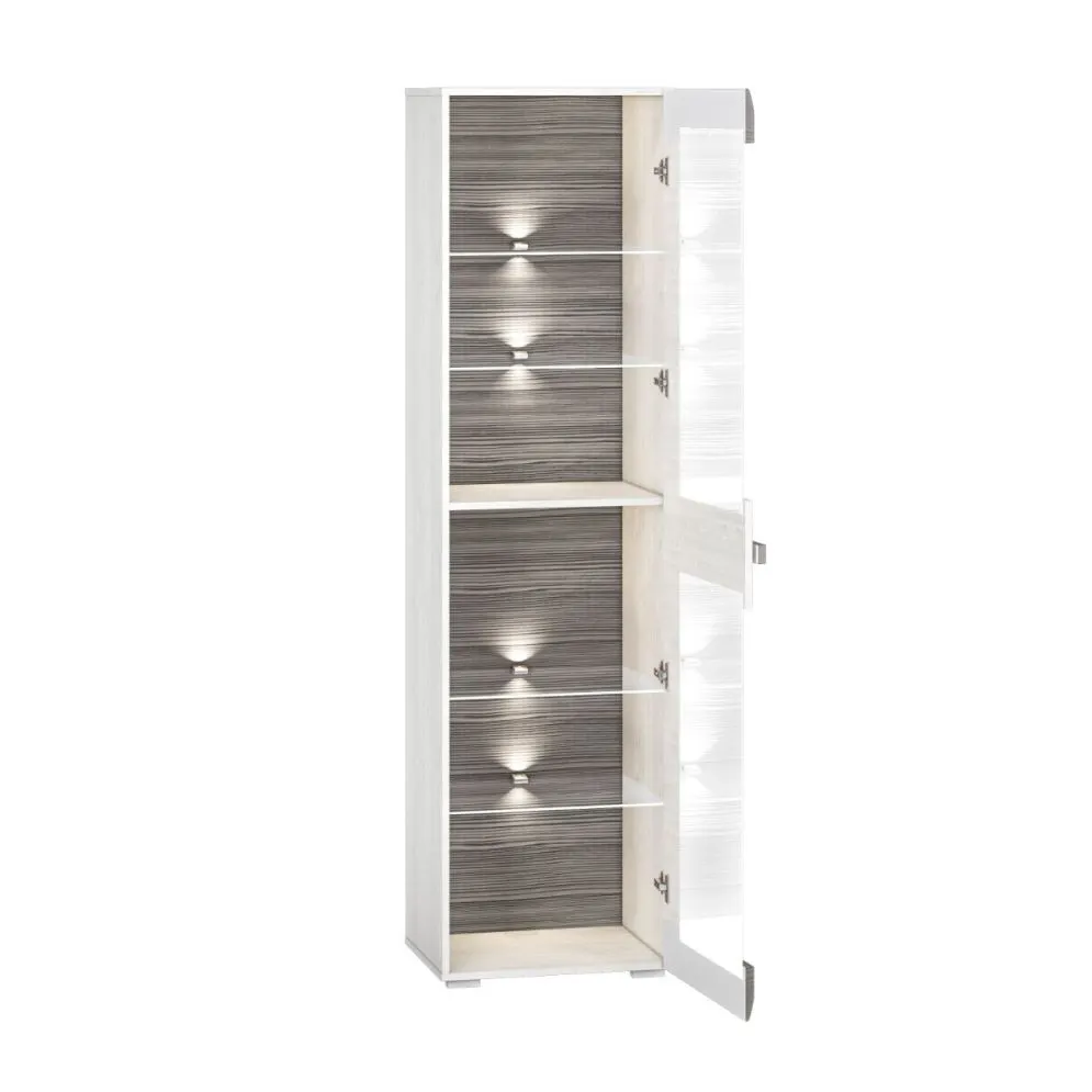 Witryna wysoka BIANKA sosna śnieżna/szara z podświetleniem w opcji I sklep meblowy MIRAT. styl SKANDYNAWSKI kolekcja BIANKA