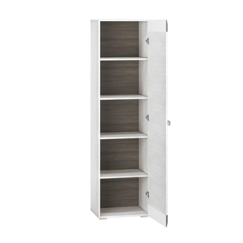 Witryna wysoka BIANKA sosna śnieżna/szara z podświetleniem w opcji I sklep meblowy MIRAT. styl SKANDYNAWSKI kolekcja BIANKA