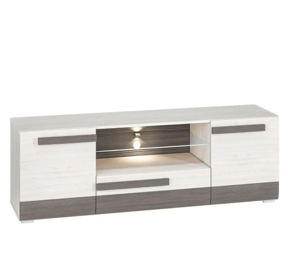 Szafka RTV BIANKA 165 sosna śnieżna/szara pod telewizor I sklep meblowy MIRAT. styl SKANDYNAWSKI kolekcja BIANKA