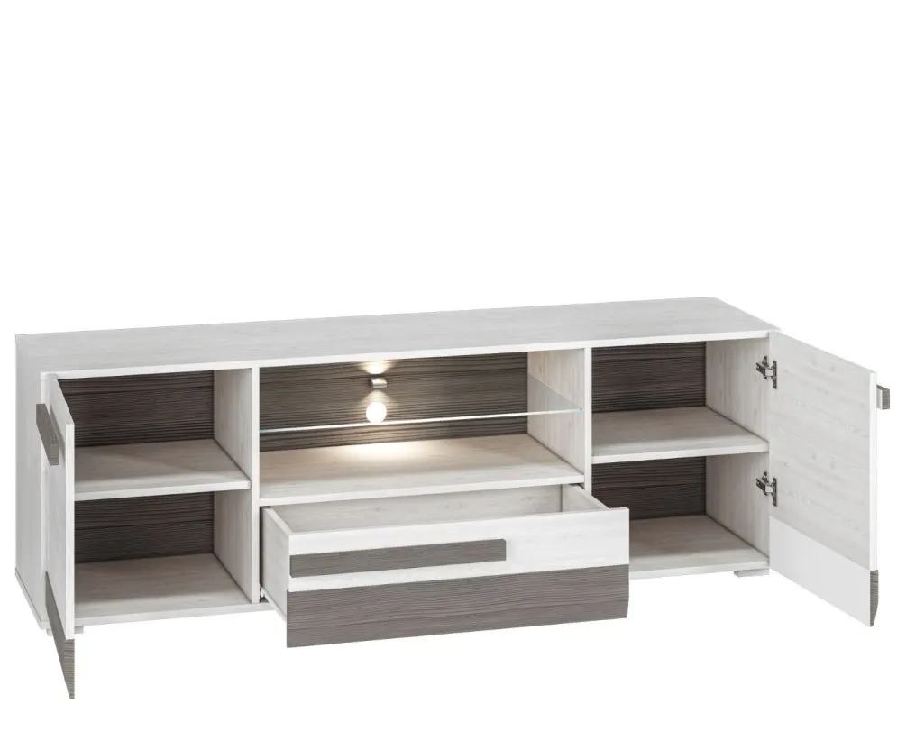 Szafka RTV BIANKA 165 sosna śnieżna/szara pod telewizor I sklep meblowy MIRAT. styl SKANDYNAWSKI kolekcja BIANKA