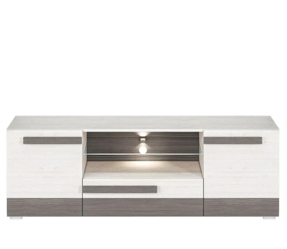 Szafka RTV BIANKA 165 sosna śnieżna/szara pod telewizor I sklep meblowy MIRAT. styl SKANDYNAWSKI kolekcja BIANKA