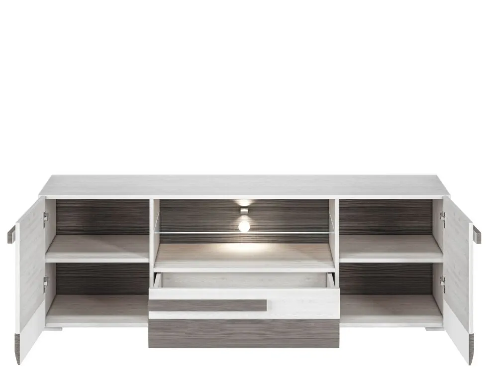 Szafka RTV BIANKA 165 sosna śnieżna/szara pod telewizor I sklep meblowy MIRAT. styl SKANDYNAWSKI kolekcja BIANKA